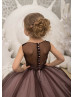 Chocolate Lace Tulle Horsehair Hem Pearl Buttons Back Flower Girl Dress Chocolate Lace Tulle Horsehair Hem Pearl Buttons Back Flower Girl Dress
